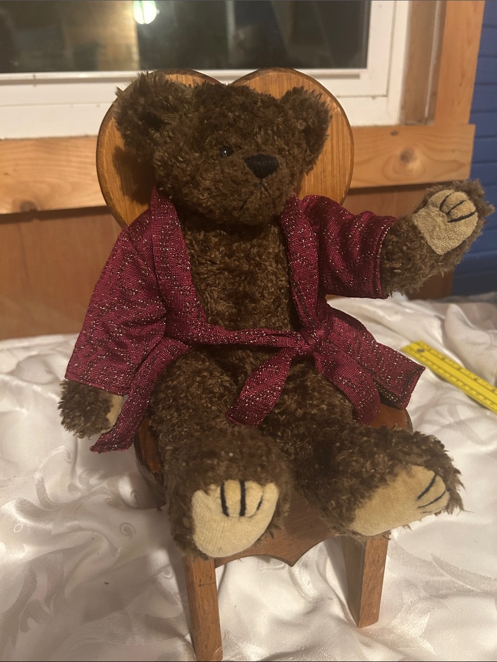 Ty 1993 Bear with Burgundy Jacket W/O Tags on Handcrafted Heart Shaped Chair